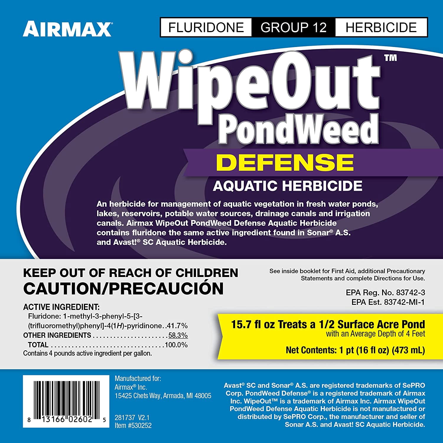 Airmax WipeOut Aquatic Herbicide, Fluridone Controls Submerged & Floating Pond Weeds, 16 Oz