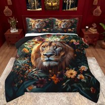 Feelyou 3D Wildlife Lion Full Size Comforter Sets for Kids, Tropic Flower Leaves Botanical Bedding Comforter Set, Kawaii Animal Reversible Bedding Sets, Breathable Home Decor, 3pcs