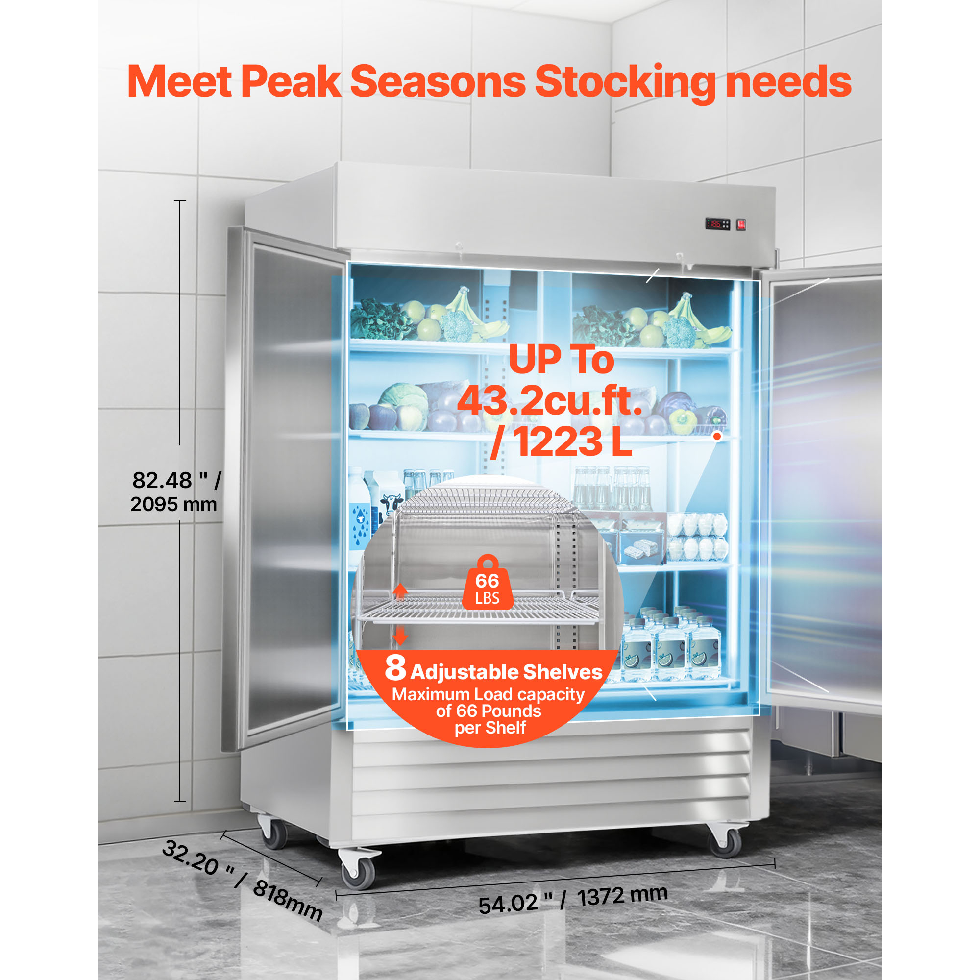 KFFKFF Commercial Stainless Steel Double-Door Refrigerator, 54" Wide, 44 Cu.Ft Capacity, Adjustable Temperature Range 32-50℉, Auto-Defrost with 8 Shelves, ETL Certified