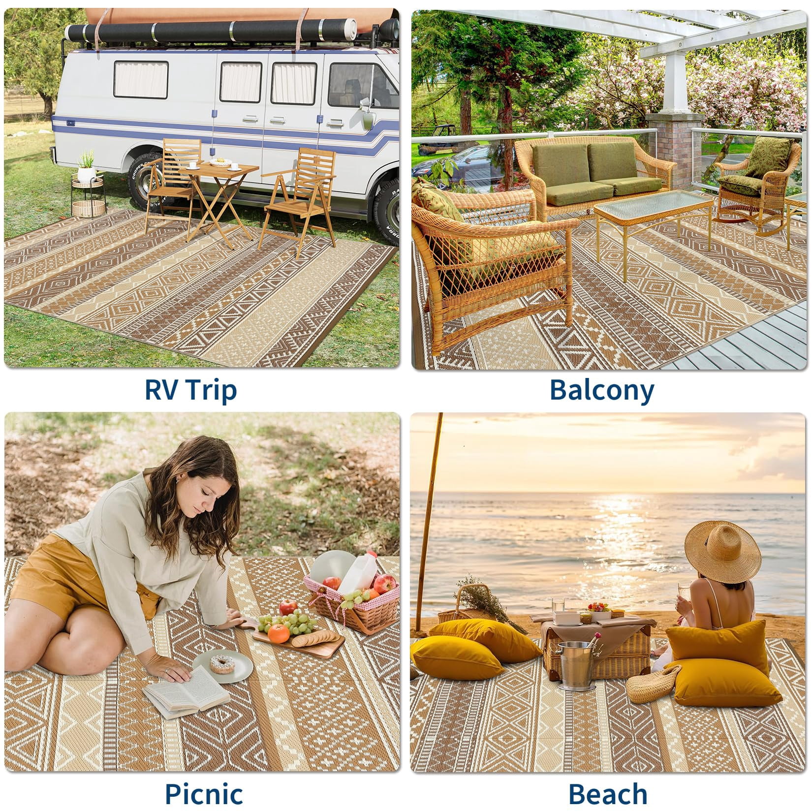 Waterproof & Reversible Outdoor Rug – Durable Patio Carpet for Camping, RV, Deck, Picnic, Porch, Backyard – Lightweight, UV & mark Resistant