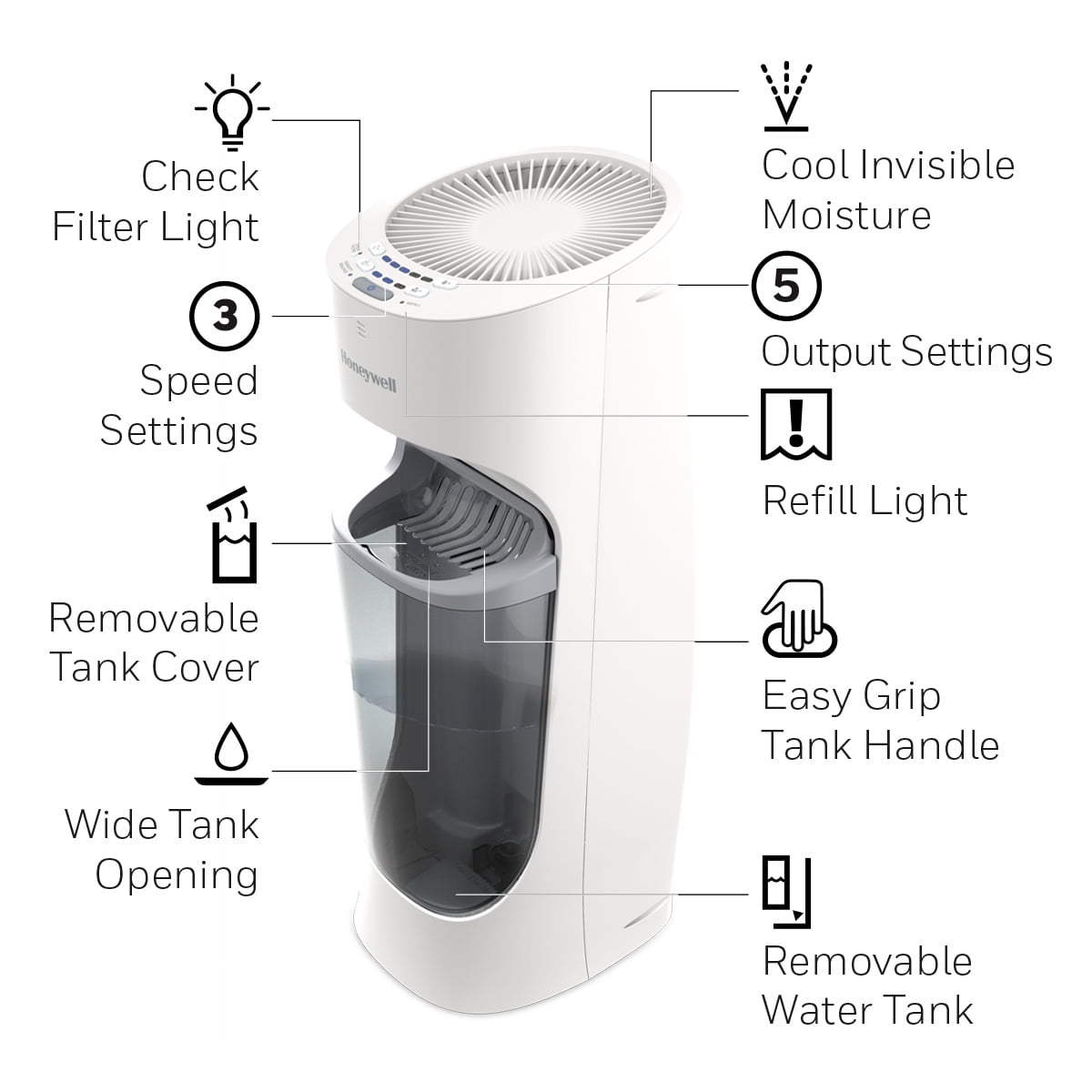 Honeywell 1.7 gal 500 sq ft Top Fill Cool Moisture Tower Humidifier with Humidistat, White, HEV615W