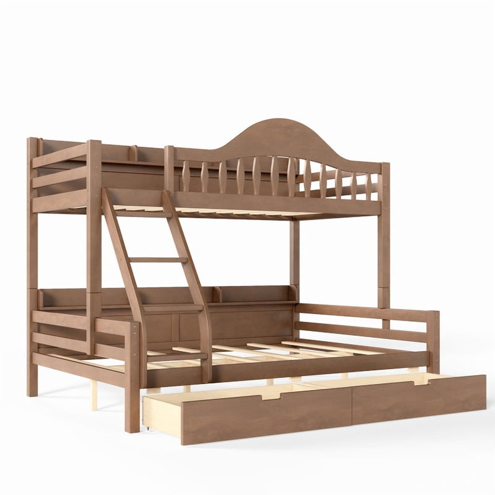 Twin Over Full Bunk Bed with 2 Storage Drawers, Solid Wood Kids Bunk Bed with Curved Guardrails, Side Storage Shelves and Ladder, No Box Spring Needed