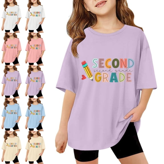 Bmisegm Girls Tshirts Casual Round Neck Graphic Print Loose Fit Tee for 2nd Grade School Outdoor Activities Spring Summer Fall Everyday Wear Ages 3-14 for Beach Tops 02_Purple,9-10 Years