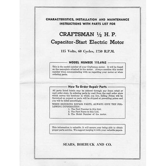 1952 Craftsman 115.6962 1750rpm Capacitor Electric Motor Instructions REPRINT