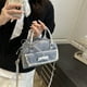 thumbnail image 1 of Bolso tote con delicados adornos de encaje, elegante en negro y azul, bolso tote de moda de gran capacidad, perfecto para viajes a la playa, viajes y uso casual, material de mezclilla, 1 of 8