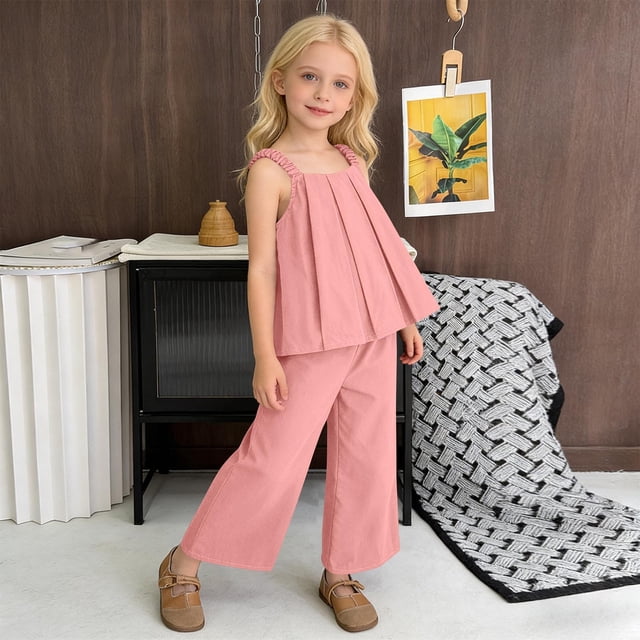 Conjuntos de blusas y camisas de cuello redondo y manga corta para niña Conjunto de dos piezas de blusa plisada sin mangas con cuello redondo y pantalones anchos de color liso Conjunto de poliéster pa