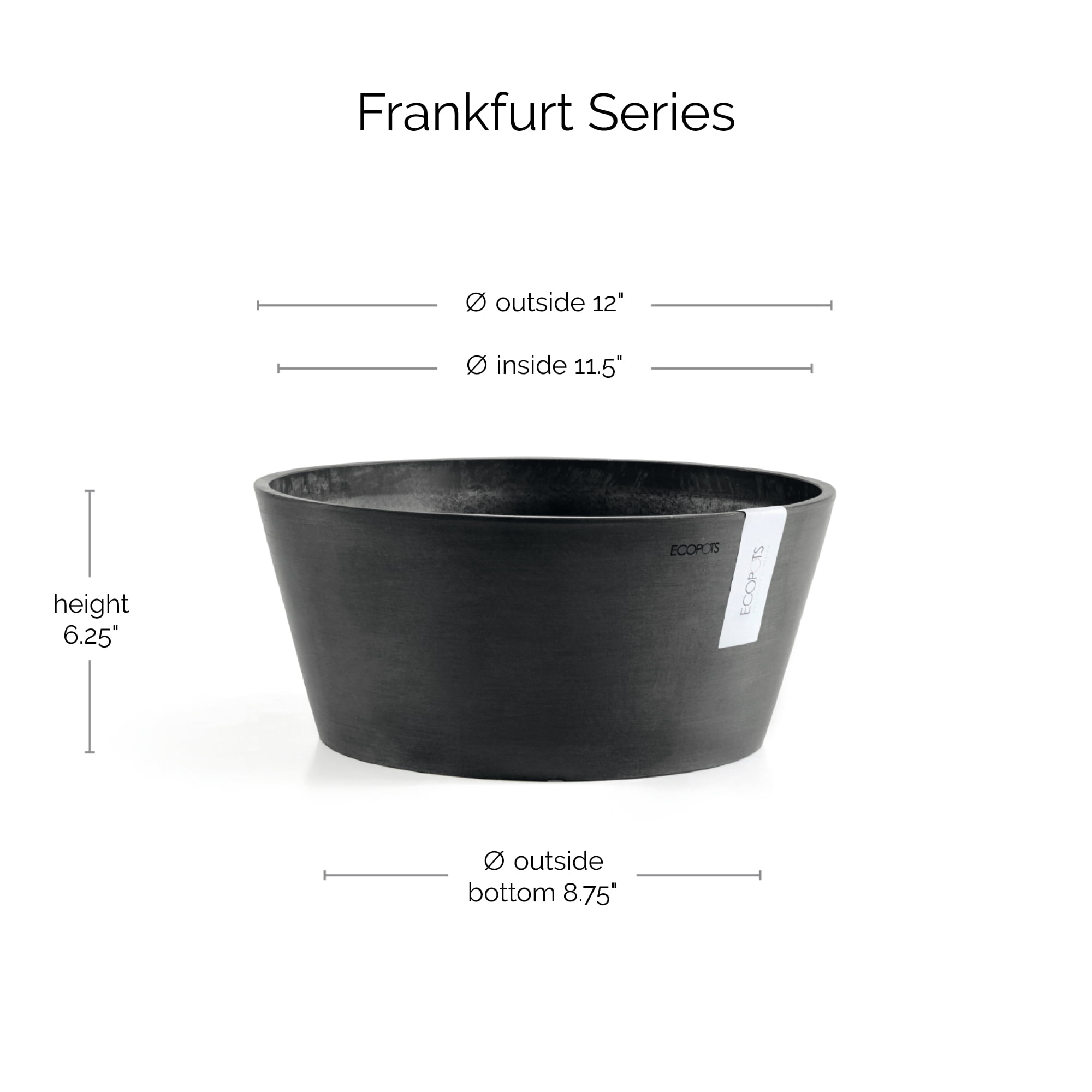 Ecopots Frankfurt Durable Modern Round Indoor/Outdoor Recycled Based Composite Flower Pot Planter, Dark Grey, 12"