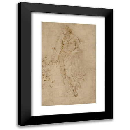 Raphael 11x14 Black Modern Framed Museum Art Print Titled - Female Figure with a Tibia, and Ornamental Studies (1504-1508)