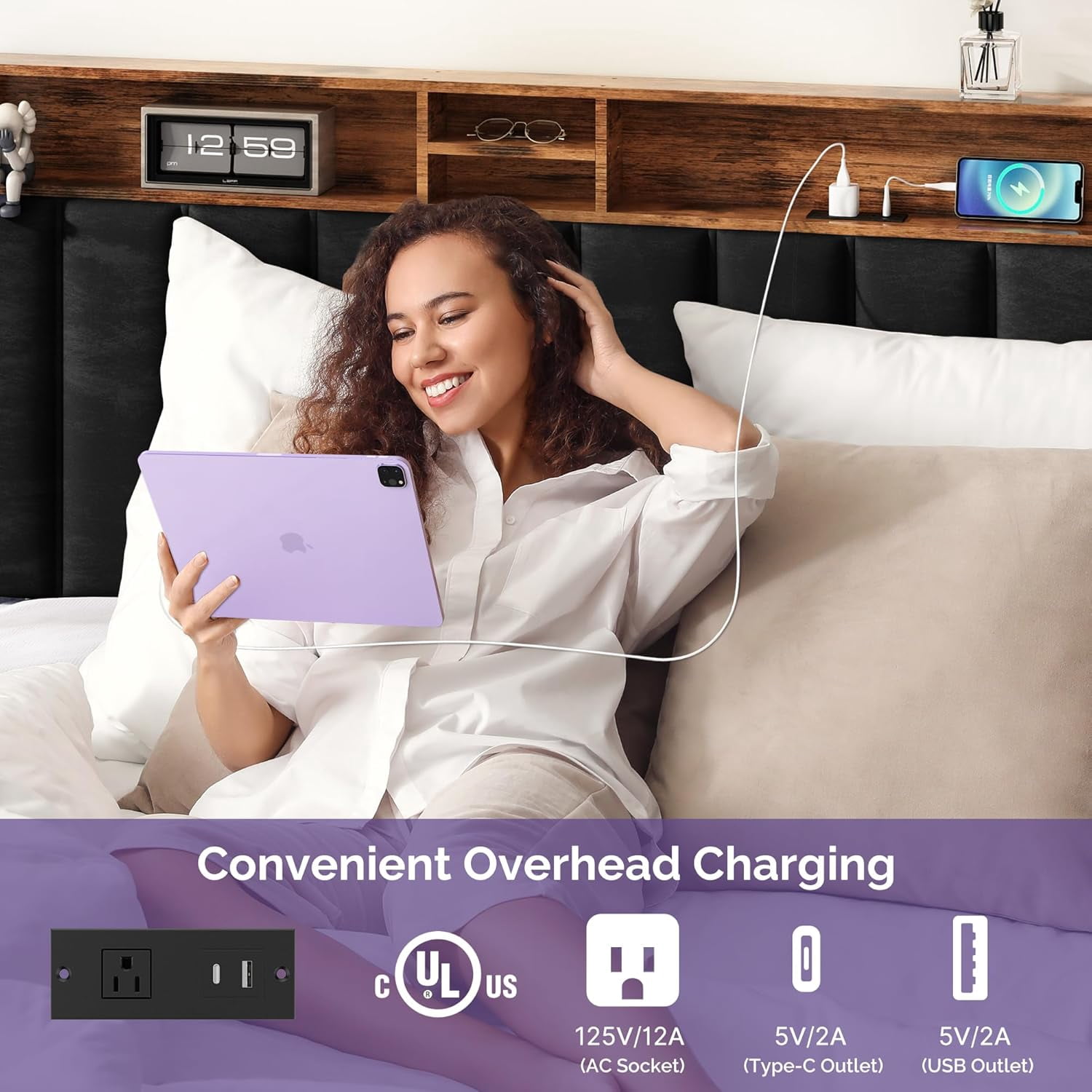 Sersper Queen Size Platform Bed Frame with Storage Upholstered Headboard, Built-in Charging Station & RGB LED Lights, Noise-Free, Easy Assembly, Black