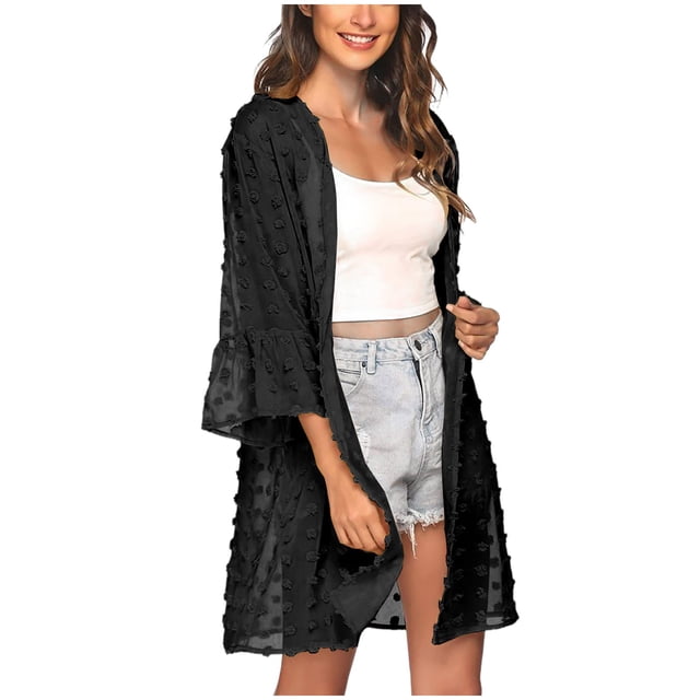 ICHUANYI Clearance Women Sexy Chiffon Perspective Beach Cover Solid 3/4 Sleeve Cardigan Tops Blouse(Black, M) ICHUANYI WER2023081001406