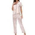 thumbnail image 2 of Mujeres pijamas set V Masajeadores de cuello manga corta Top largo Pantalones cómodo transpirable satén pijamas mujeres con bolsillo en el pecho para el hogar, 2 of 5