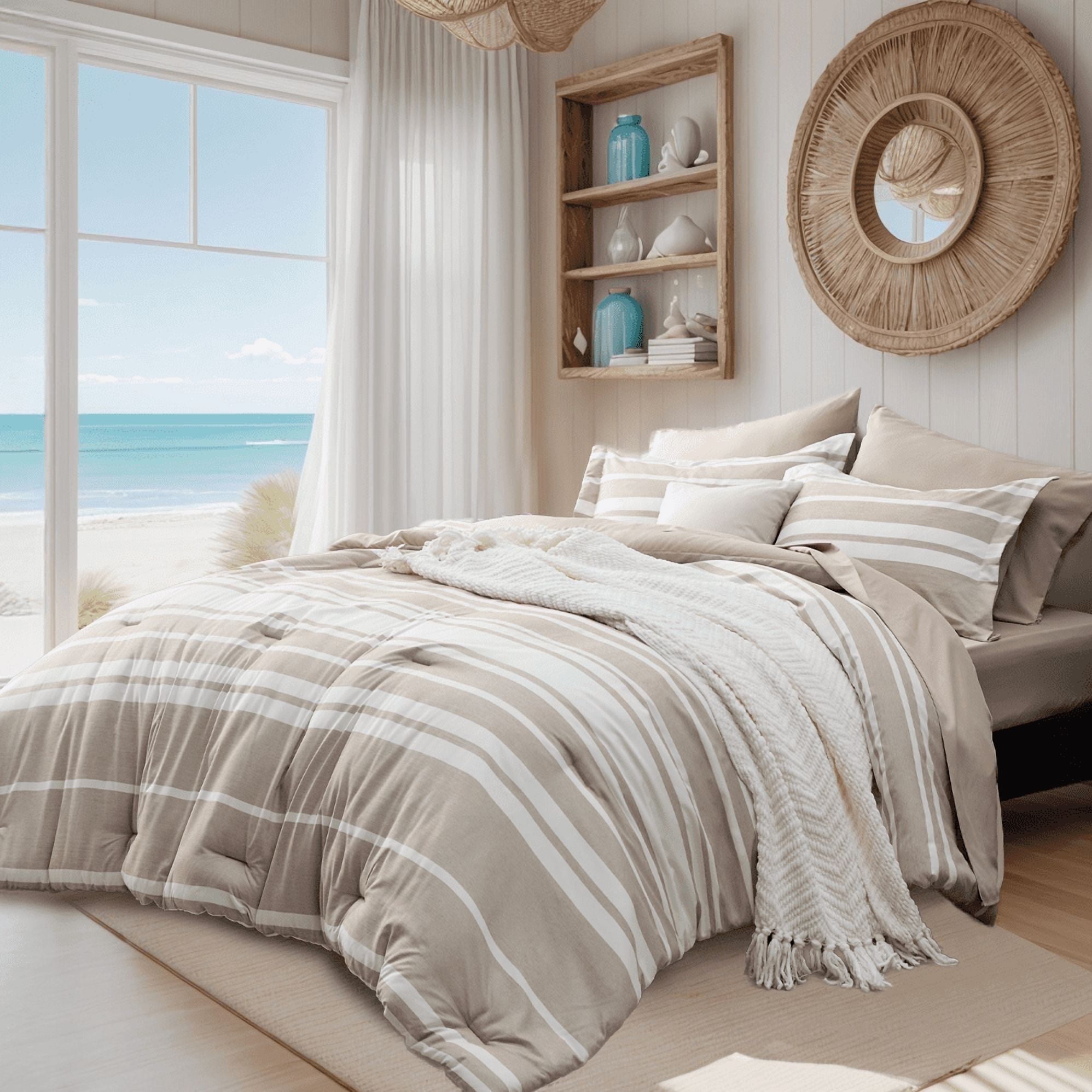 U by Bedsure Full Comforter Set, 7 Pieces Brown White Striped Bedding Sets All Season, Bed in a Bag with Comforter, Sheets, Pillowcases & Shams