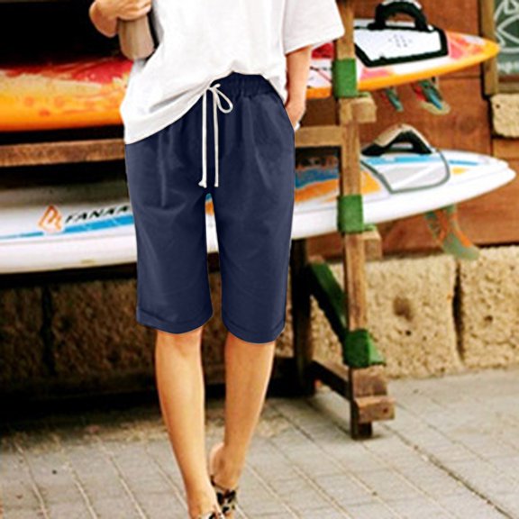 Pxkloy Knee Length Women's Shorts with Elastic,Ladies Bermuda Shorts Clearance Sale Cotton Shorts for Women Plus Size Loose Fit Bermuda Shorts Lounge Shorts with Pockets Navy,XXXXXXXXL