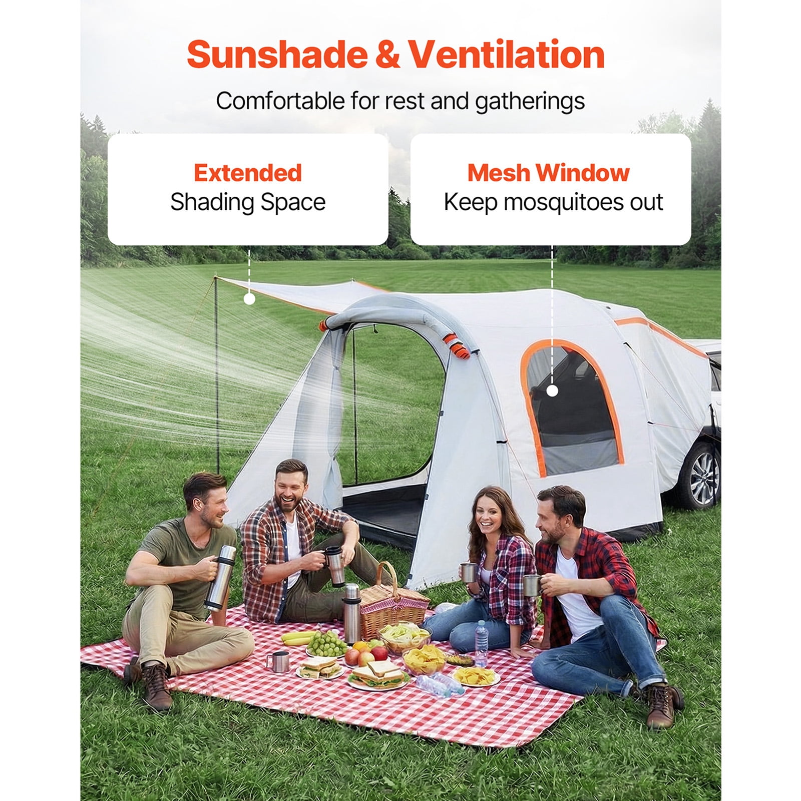 KFFKFF Inflatable SUV Tent with Awning, 8 x 6.7 ft 3-Season Tailgate Tent with Ventilated Doors & Mesh Window, PU2000mm Waterproof Rear Hatch Tent for Camping - Includes Air Pump