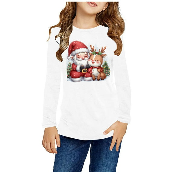 Odeerbi Kids Girls Fall Winter Basic Layering T-Shirt Christmas Basic Tees 3-14 Years Kids Christmas Print Pullover Long Sleeve Top Base Layer Shirt Kids Clothes White