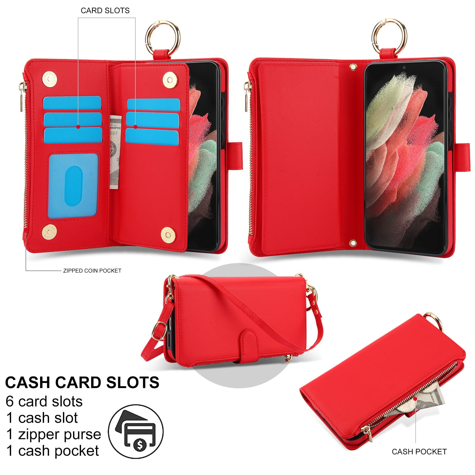 ELEHOLD For Samsung Galaxy S21 Ultra Phone Case Leather Crossbody Zipper Card Wallet Flip Case Kickstand Cover, with Ring Holder,Full Body Protection-Red