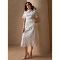 thumbnail image 3 of White Floral Lace High Neck Short Sleeve Sheath Midi Dress, 3 of 30