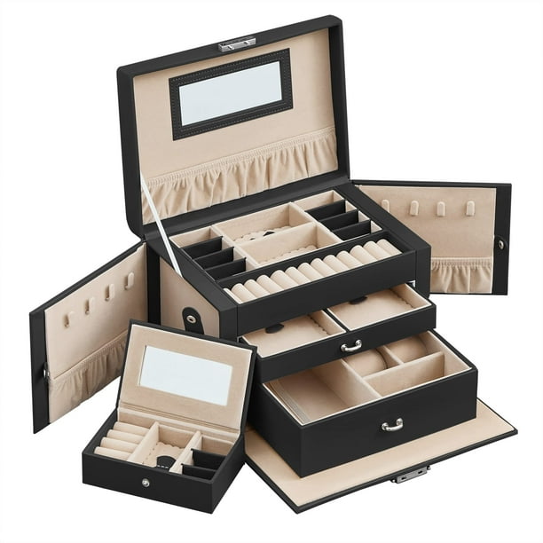 Caja Joyero de 3 Niveles, con 2 Cajones, con Mini Caja Portátil para Viajar, con Asa, Cerradura, Regalo Ideal, Blanco MJBC121W