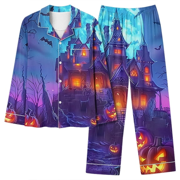 WFJCJPAF 2025 New Halloween Halloween Pajamas Adult,Women Casual Fashion Halloween Printed Long Sleeve Casual Tops Pants Pajamas Suit - Purple S