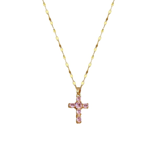 Birthstone Necklace Women, Cross Necklace for Women, Cubic Zirconia Cross Pendant Necklace, Dainty Jewelry Gifts, Pink