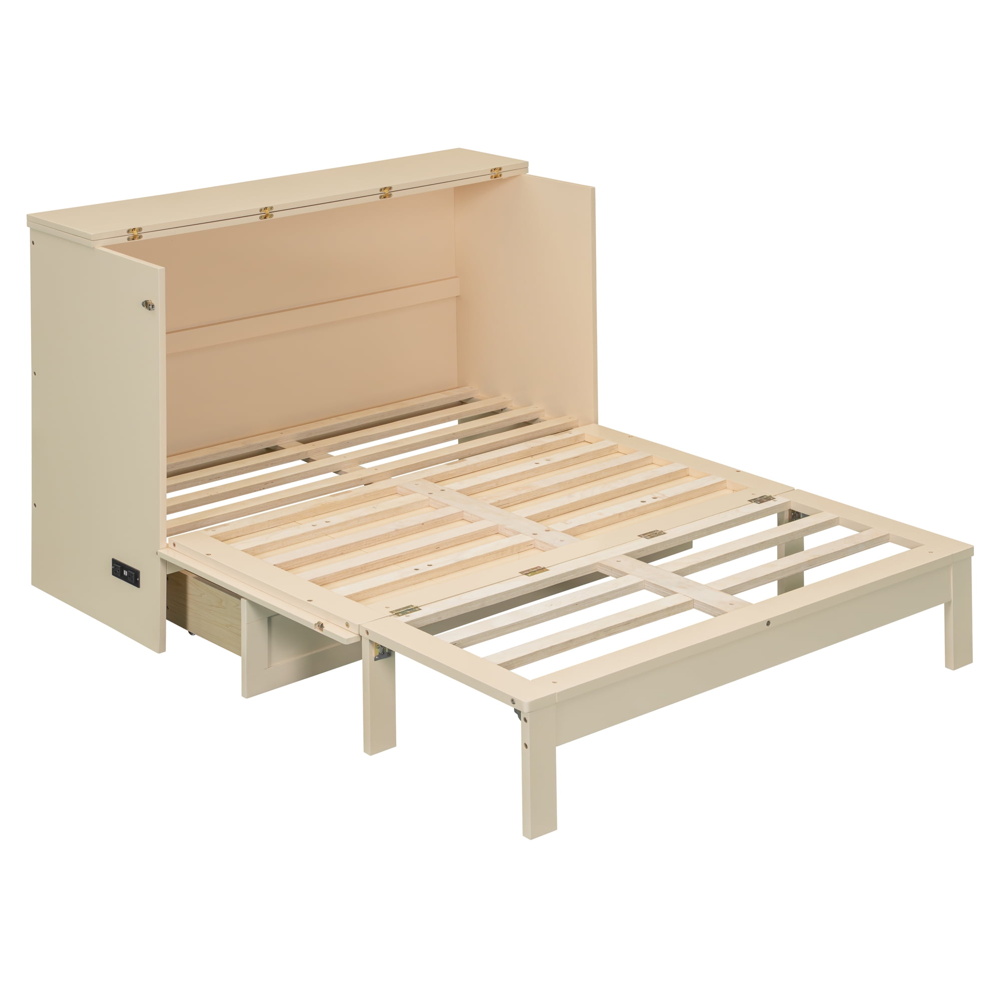 Harper & Bright Designs Rattan Full Murphy Bed Wall Bed with Drawers, Full Size Cabinet Bed Folding Wall Bed for Guest Room Office, Gold