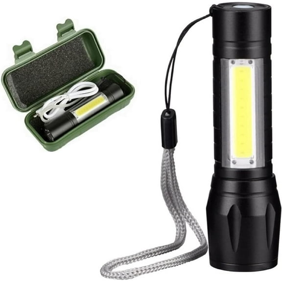 Mini LED USB Rechargeable Flashlight with COB Light, Portable Waterproof Tactical Flashlight 3 Modes with Hanging Rope for Indoor Outdoor Camping (Metal, Black)