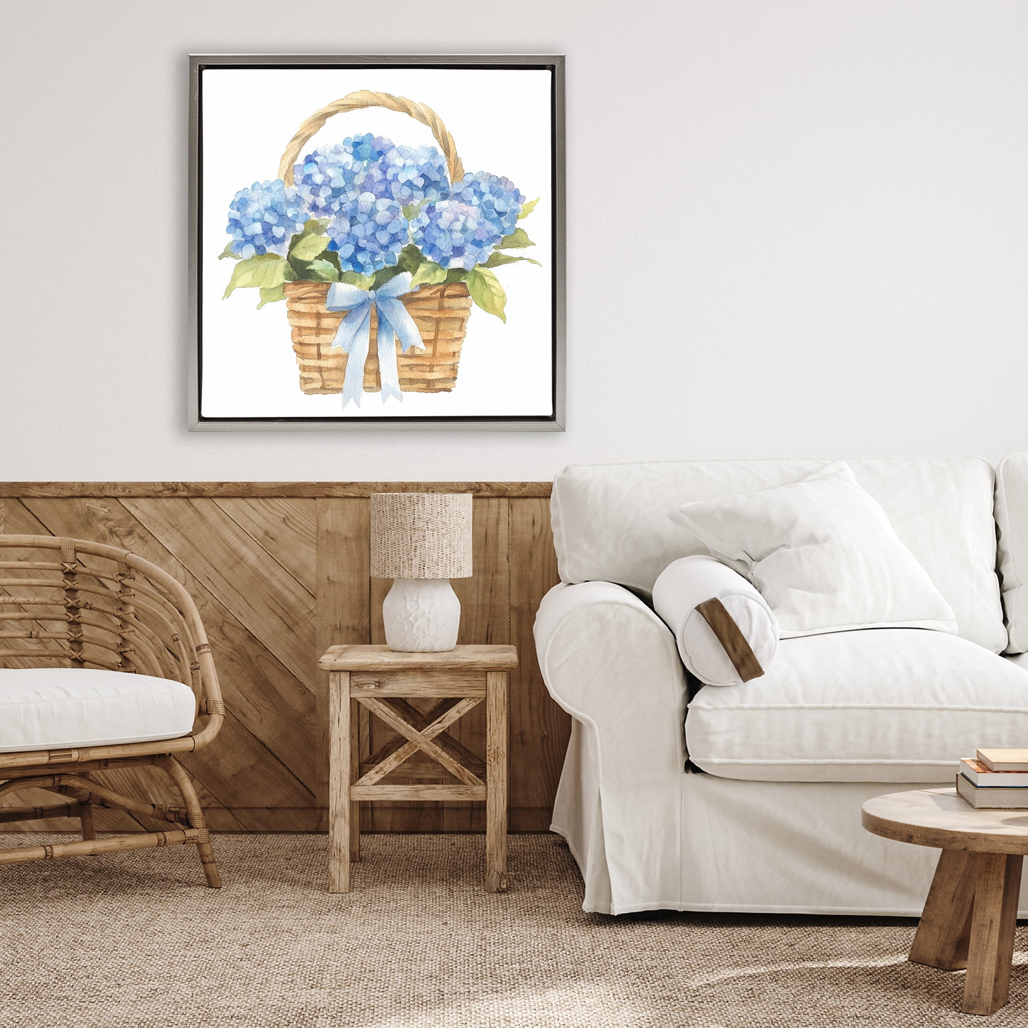 Stupell Industries Pretty Blue Hydrangea Picnic Basket Gray Framed Floater Canvas Wall Art, design by Petal Prints Design