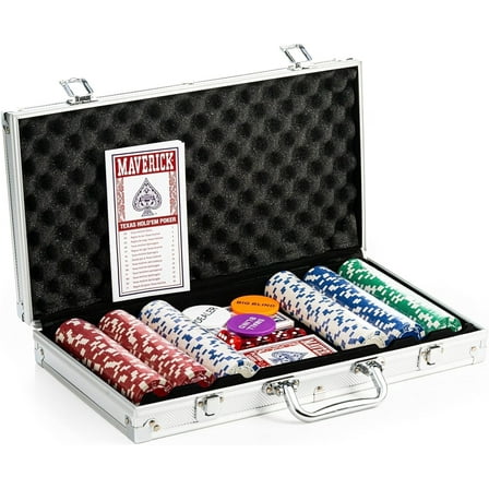 Maverick Texas Hold 'Em Poker Set with Aluminum Case, 300 11 Gram Casino Poker Chips, 2 Decks of Maverick Playing Cards, 5 Red Dice, and 3 Buttons Casino Game for Adults