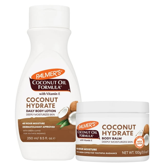 Palmer's Coconut Oil Formula Body bundle featuring a 250 ml Coconut Hydrate Daily Body Lotion and a 100 g Coconut Hydrate Body Balm. Both products are enriched with Vitamin E and green coffee, designed to deeply moisturize skin for up to 48 hours. The lotion is in a white bottle with a flip-top cap, and the balm is in a white jar with a screw-on lid. The packaging highlights dermatologist approval and youthful radiance benefits.