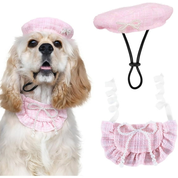 Pet Princess Costume Halloween Christmas Costumes Cat Birthday Outfit Cat Apparel Dog Party Costumes with Pearl Bowtie Beret Hat Lace Bandana Scarf (Pink)