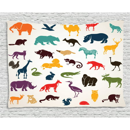 Zoo Tapestry, Big Set of African and European Animals Silhouettes in Cartoon Style Safari Wildlife, Wall Hanging for Bedroom Living Room Dorm Decor, 60W X 40L Inches, Multicolor, by