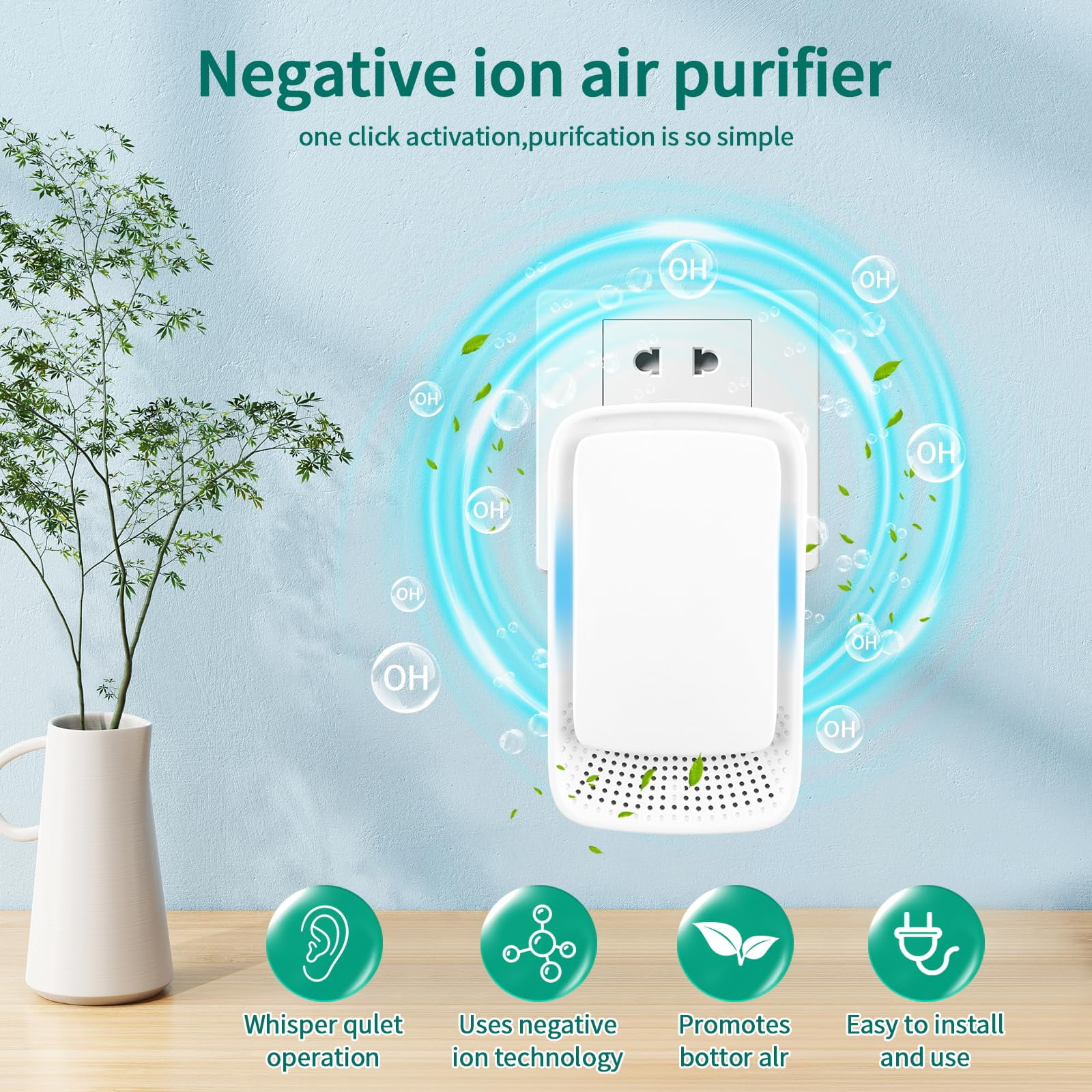 Plug-In Ionic Air Purifier (4 Pack), Home Air Ionizer, Silent Filterless Air Purifier, Silent Filterless Air Purifier for Home, Portable Negative Ion Air Freshener for Pet Odors, Dust, and Smoke.