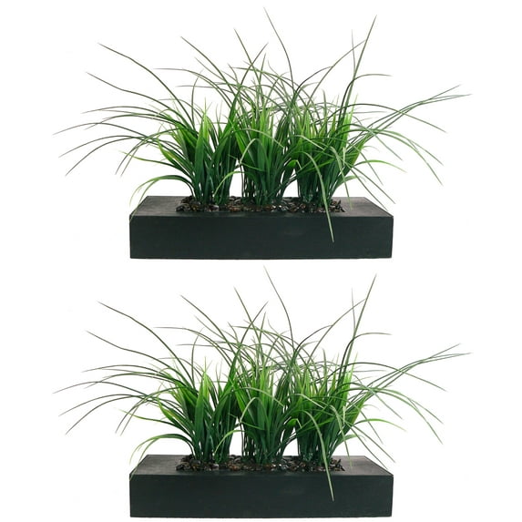 Vintage Home 2-Pack Artificial Faux Lifelike Plastic Fake 14" Tall Green Grass In Black Planter