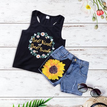 Little Girl Summer Outfits Sunflower Sleeveless Casual Girls Tank and Denim Shorts Girl 2 Piece Outfits Girl Clothes Size 4T