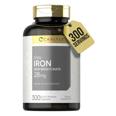Easy Iron Bisglycinate | 28 mg | 300 Capsules | Gentle Formula | by Carlyle