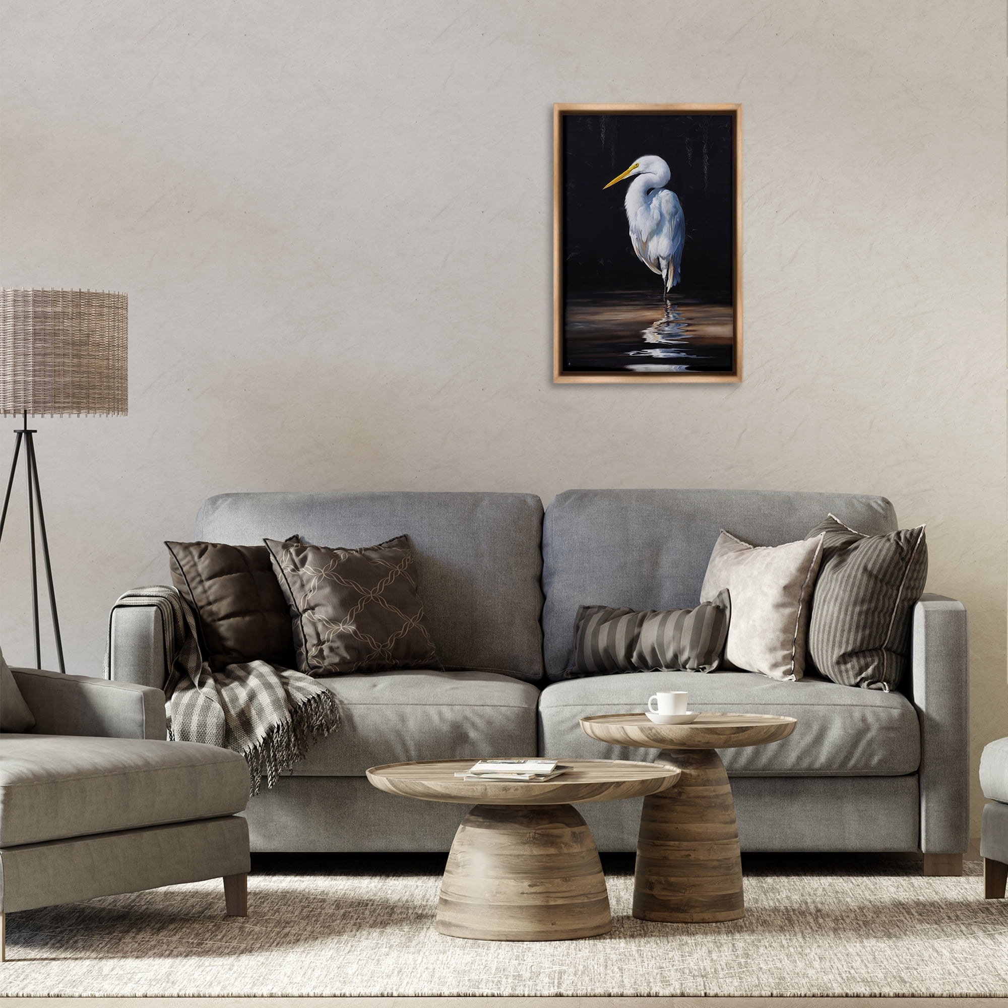 Stupell Industries Balancing Egret Bird Animals Painting Brown Floater Framed Canvas Art Print Wall Art, 17 x 25