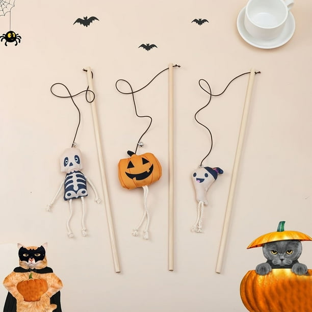 Jacenvly - Nueva decoración para dormitorio, juguete para gatos de Halloween, linda calabaza para gatos de Halloween, palo con cascabel, juguete interactivo para gatos, decoración de patio de