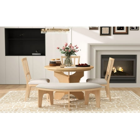 5-Piece Round Dining Set with Upholstered Chairs and Curved Bench for Kitchen Dining Room and Living Space in Natural Wood Finish