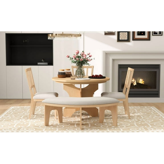 5-Piece Round Dining Set with Upholstered Chairs and Curved Bench for Kitchen Dining Room and Living Space in Natural Wood Finish