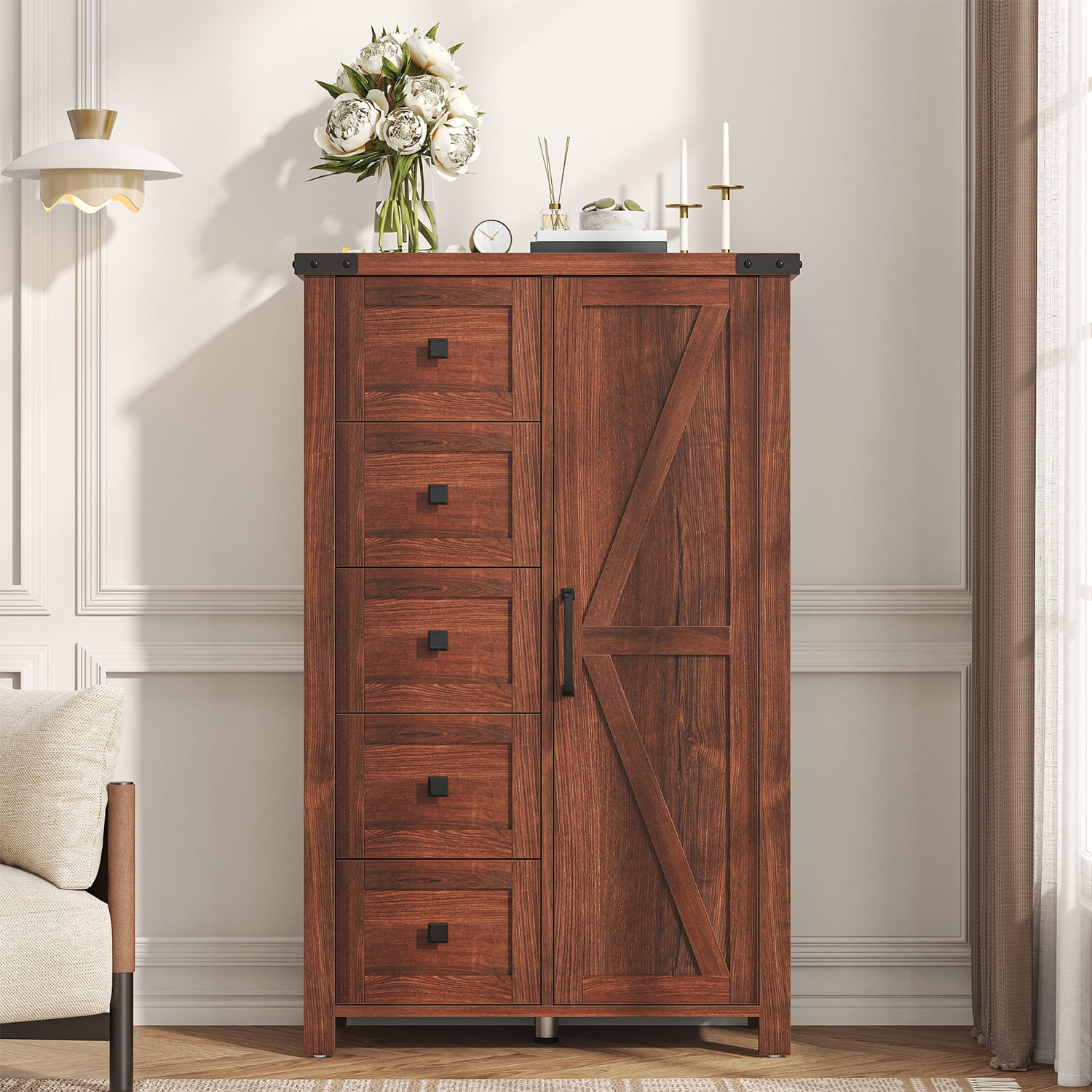 Frmobepts Farmhouse 5 Drawer Dresser with Barn Door, Adjustable Storage Cabinet for Bedroom Living Room, Brown