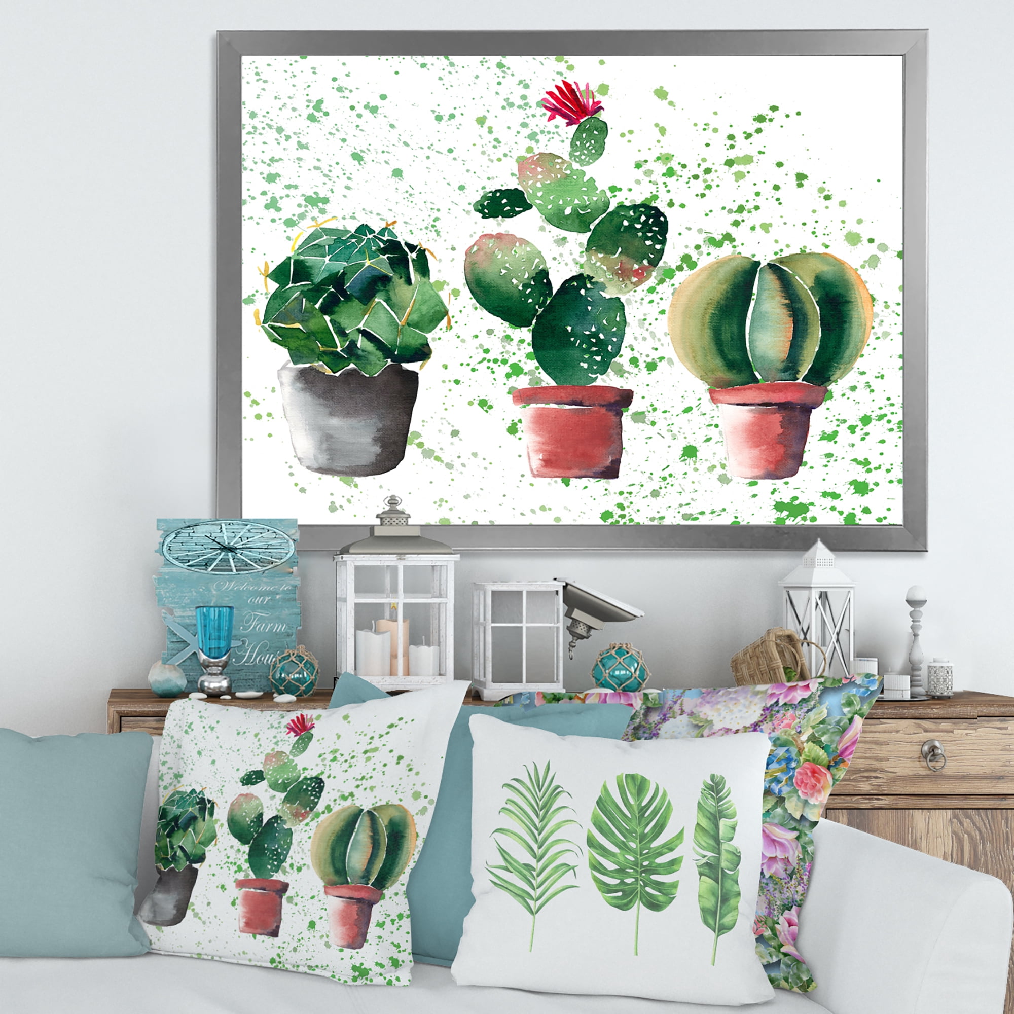 Designart 'Three Cacti In Clay Pots With Green Dots' Traditional Framed Art Print