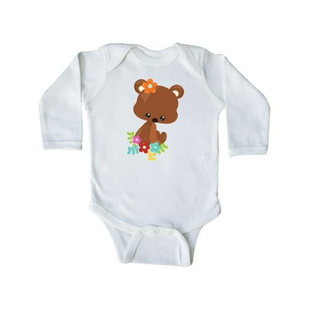 

Inktastic Spring Animals Cute Bear Bear With Flowers Gift Baby Boy or Baby Girl Long Sleeve Bodysuit