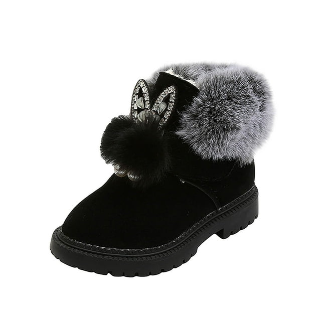 Xfvqtps Children Girls Snow Boots Suede Upper Cute Rabbit Ears Rhinestone Pearl Plush Lining Thickened Insulated Warm Thick Bottom Round Toe Soft Comfortable Non Slip Winter Short Boots Black