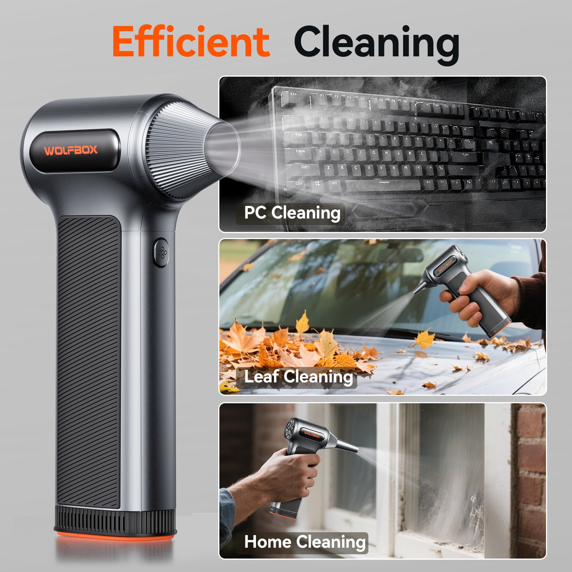 WOLFBOX Electric Air Duster with Removable Battery & Cordless 3-Speed Adjustable, 5 Nozzles Compressed Air Duster for Office, Home, Car