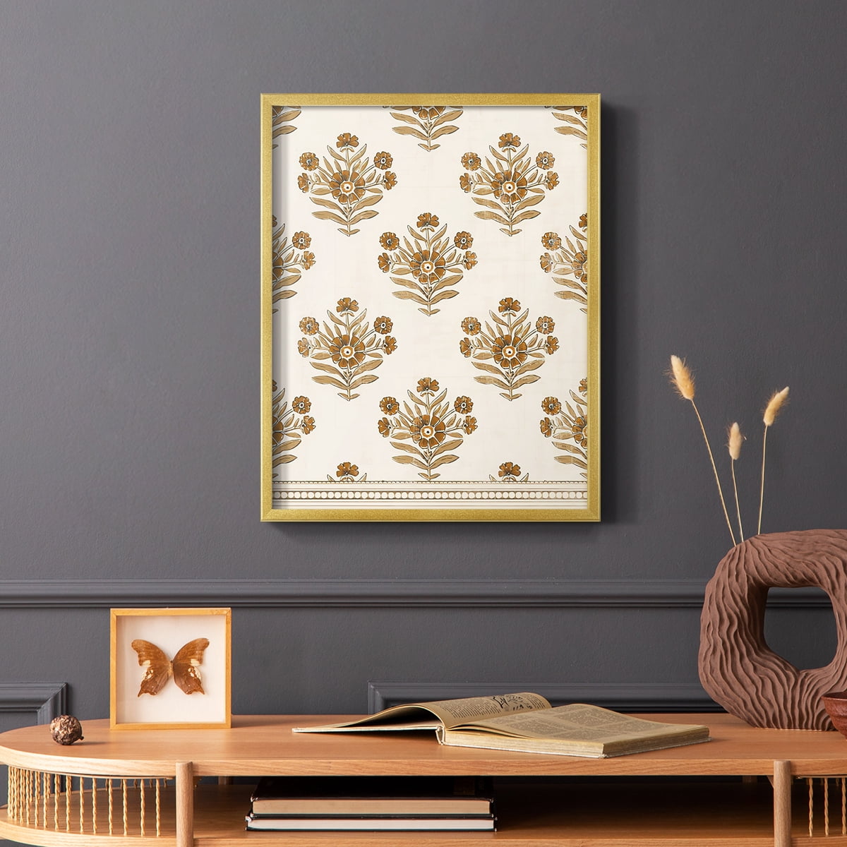 Block Print Blooms I Framed Print in Gold Solid Wood Framed Print No Nail Hanging