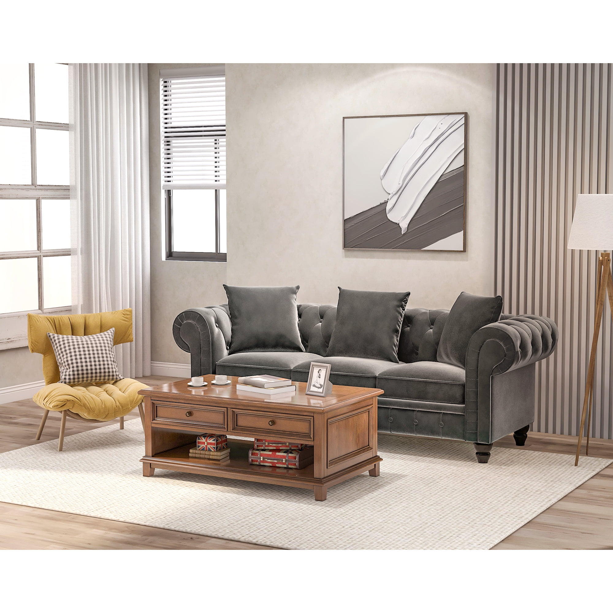 Details about   Lifestyle Solutions Taryn Rolled Arm Fabric Sofa Gray Tufted Hardwood Premium 