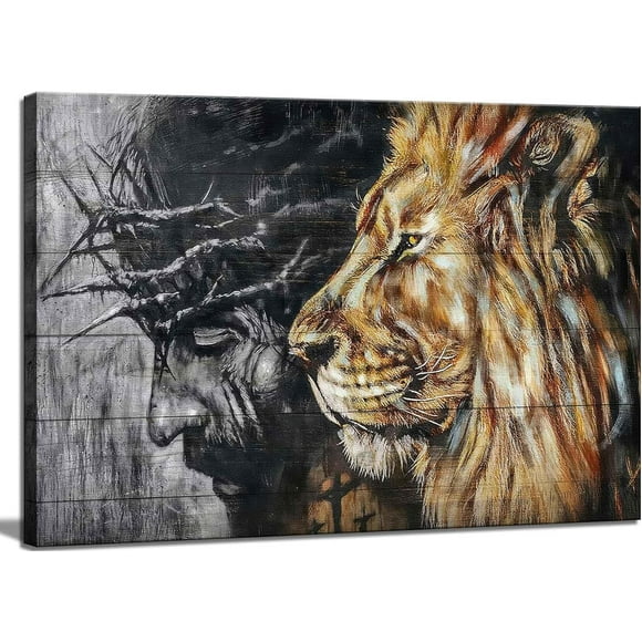 RAYZEL Jesus and Lion Canvas Wall Art Judah and Lion CaThedral Black and White Religious Christianity Picture Wall Decor Poster Print for Living Room Bedroom Office Home Decoration Frame: 16x20in