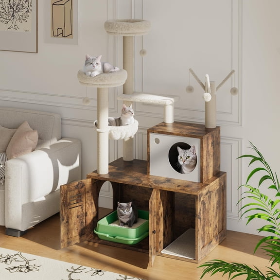 TROPOW Modern Cat Tree with Integrated Litter Box Enclosure - 55 Inch Multi-Level Cat Condo with Hammock, Scratching Posts & Toys - All-in-One Cat Furniture for Indoor Cats