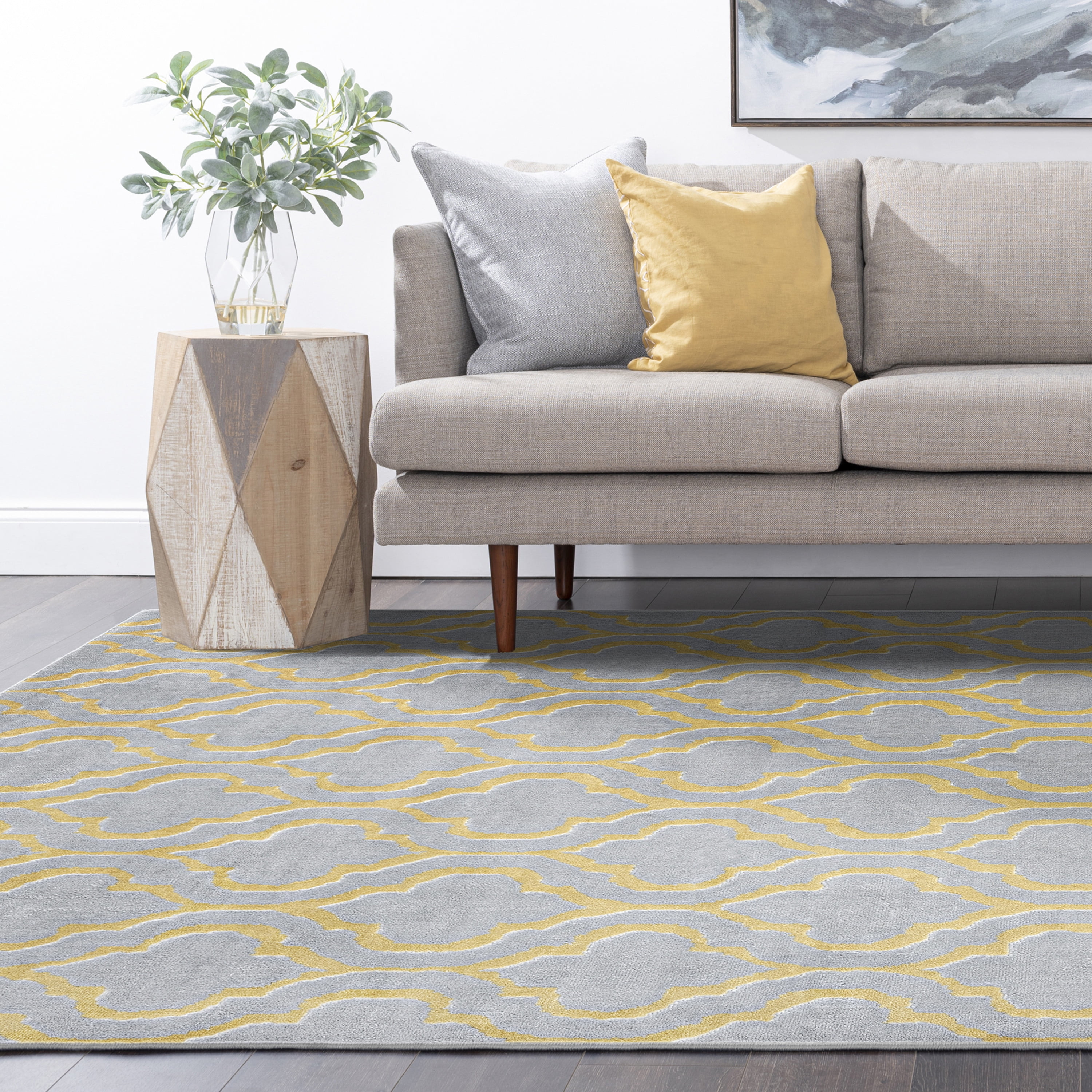 Transitional 5x8 Area Rug (5'3'' x 7'3'') Geometric Yellow, Gray Living Room Easy to Clean