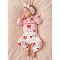 thumbnail image 4 of Loicainy Baby Toddler Girls 3 Piece Valentine's Day Outfit 3 6 9 12 18 Months Long Sleeve O Neck Letter Heart Bow Print Jumpsuit Headband Elastic Waist Pants Clothes Set, 4 of 9